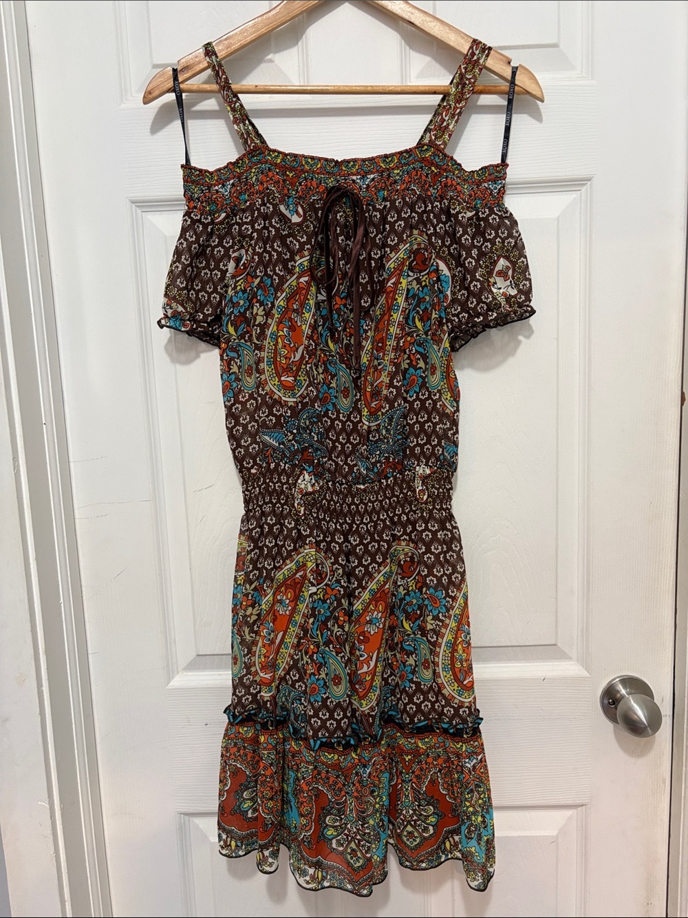 XOXO Brown Paisley Boho Off-Shoulder Summer Dress